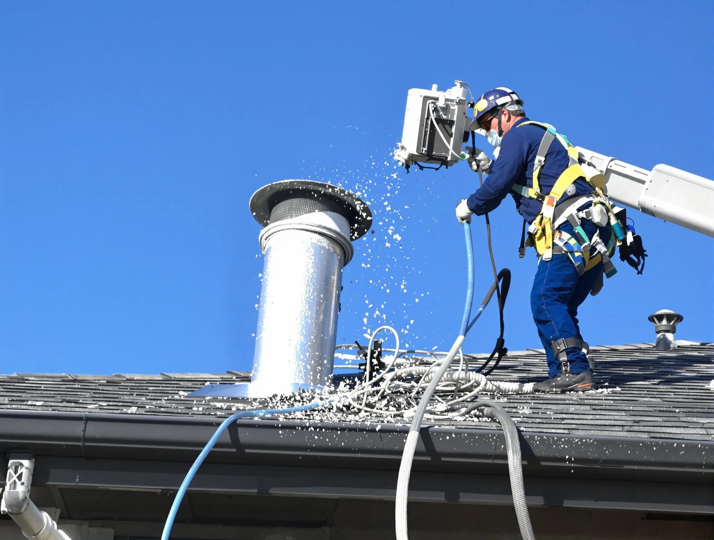 Wellsville Dryer Vent Cleaning certified technician safely cleaning a roof-mounted dryer vent in Wellsville