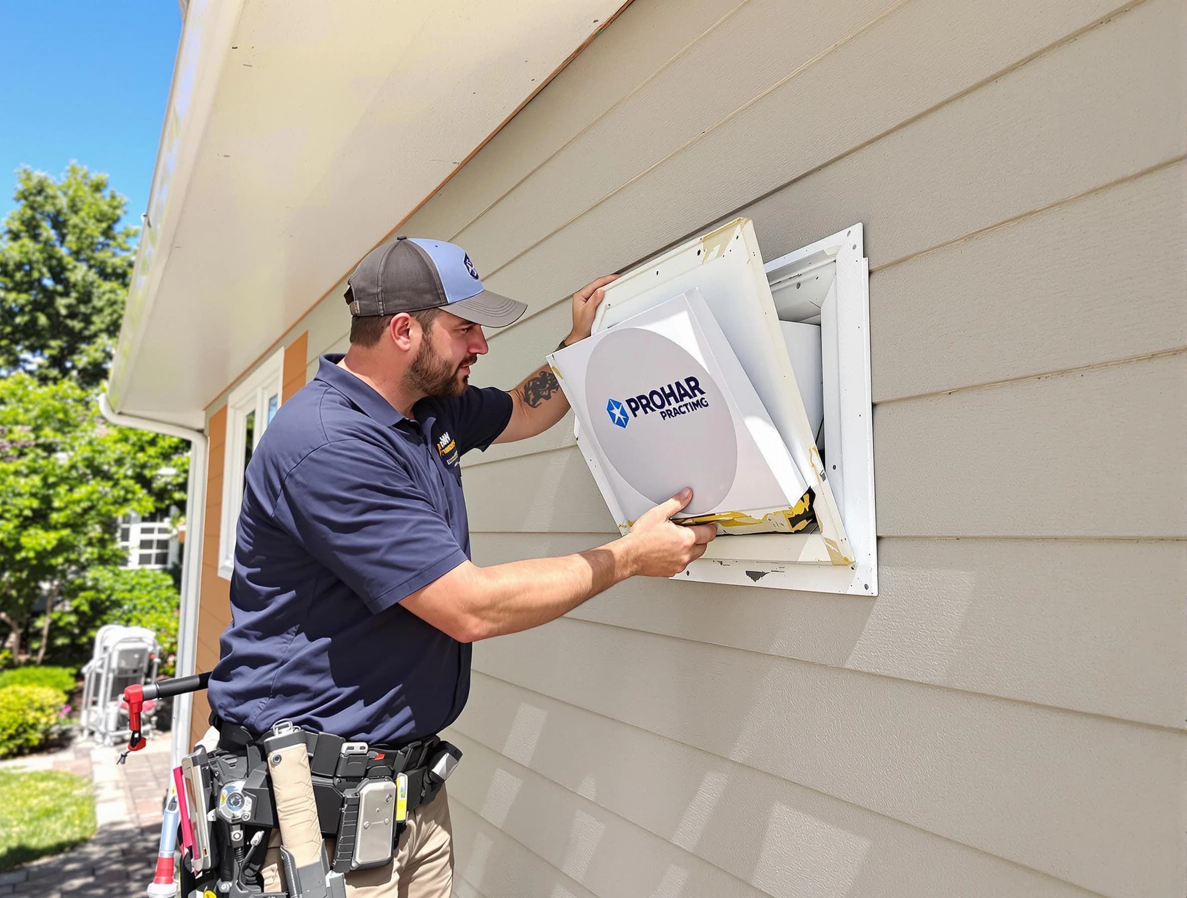 Wellsville Dryer Vent Cleaning technician installing a new protective dryer vent cover on a home in Wellsville