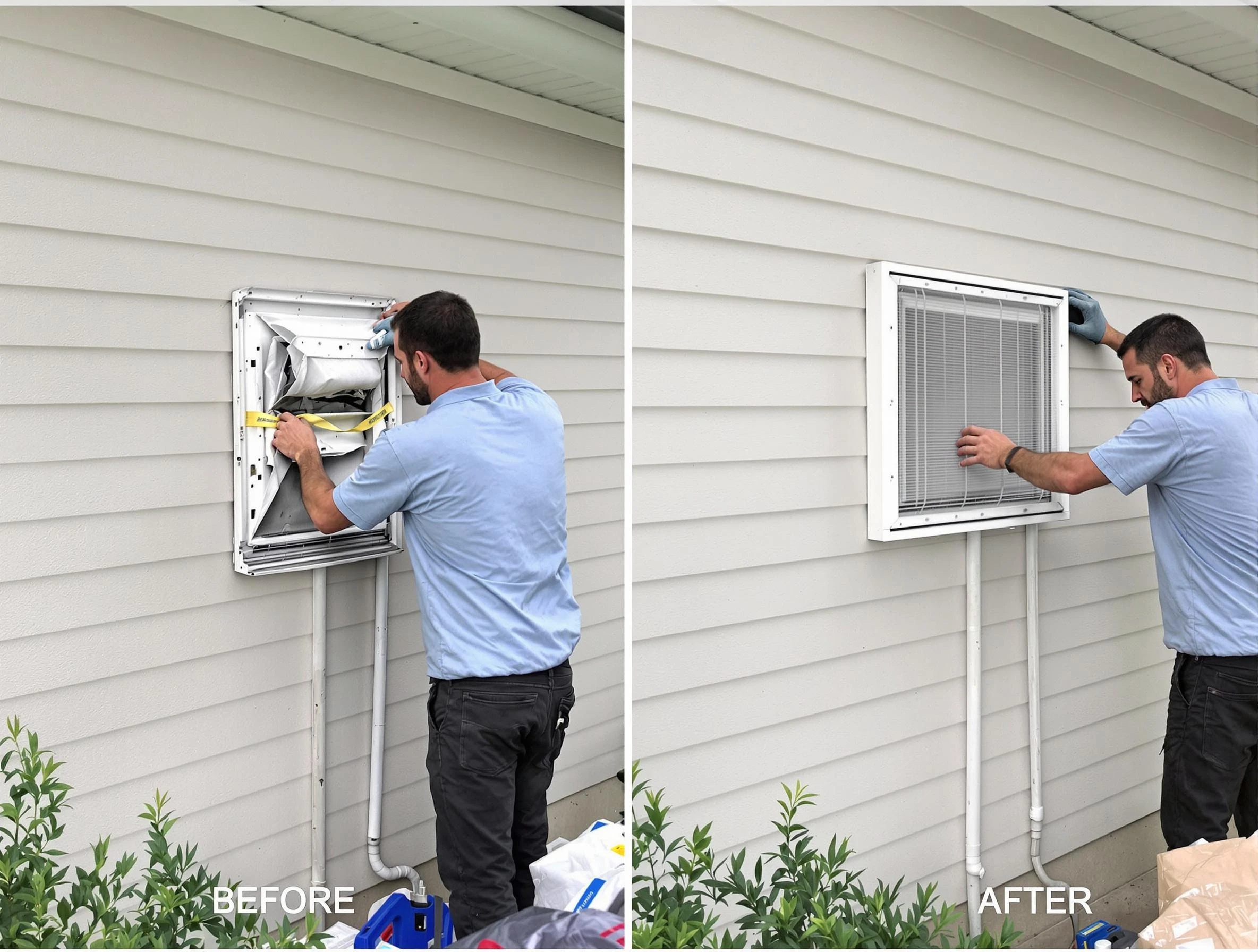 Wellsville Dryer Vent Cleaning technician installing high-quality dryer vent cover at a residential property in Wellsville